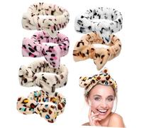 GANAZONO 6pcs Leopard Print Spa Headbands with Bowknot for Women Facial Headbands for Washing Face Makeup Skincare Soft Stylish Hair Accessories Coffee Pink Yellow White Beige