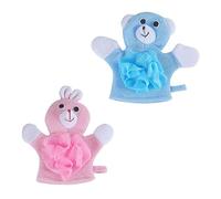 GANAZONO Cartoon Bath Scrubber and Foaming Towel Set for Babies 2pcs Exfoliating Body Washcloths with Bath Flower Pink Rabbit and Blue Bear Gentle for Sensitive Skin