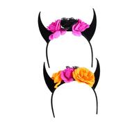 GANAZONO Halloween Skull and Horn Headband 2pcs Set Black Grey White Fake Flower Devil Horn Hairband Party Headwear for Costume and Halloween Decoration