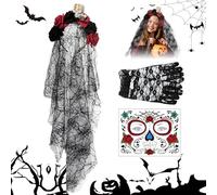 Ganbaro Black Halloween Veil Headband, Skull Veil Hair Hoop, Day of the Dead Headpiece Rose Floral Crown, Temporary Face Tattoos, Lace Gloves, Accessories for Women