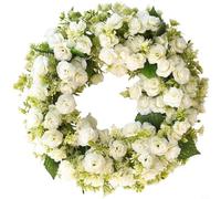 GANCEI Artificial Rose Wreath, White Pink Plastic Floral Door Hanging, 45Cm Modern Minimalist Ring For Wedding, Spring Summer Home Decor(White)