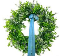 GANCEI Decorative Artificial Wreath Featuring Green Leaves And Blue Ribbon For Easter Spring Summer Garden Home Hanging Display