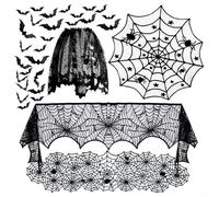 GANCEI Halloween Decoration Set With Lace Table Runner,Fireplace Scarf, Round Tablecloth,Spider Web Lampshade And 36 Black 3D Bat Wall Stickers