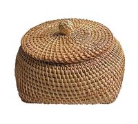 GANCEI Natural Rattan Storage Basket with Lid Small Wicker Box for Snacks Fruits Jewelry Handcrafted Decorative Organizer for Home Kitchen 16x12cm