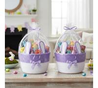 Gandeer 2 Set Easter Bunny Basket with Cellophane Bags and Ribbons Easter Egg Hunting Treasure Hunt Woven Basket Empty Bucket with Rabbit Ears for Gift Egg Hunts Party Decorations (Purple)