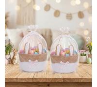 Gandeer 2 Set Easter Bunny Basket with Cellophane Bags and Ribbons Easter Egg Hunting Treasure Hunt Woven Basket Empty Bucket with Rabbit Ears for Gift Egg Hunts Party Decorations (Khaki)