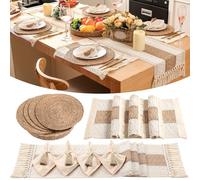 Gandeer 4 Sets Boho Placemats Round Woven Placemats, Cloth Napkins, Wood Bead Napkin Rings, Long Table Runner and Farmhouse Rustic Placemats Natural Burlap Cotton for Kitchen Dining Table Home