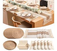 Gandeer 6 Sets Boho Placemats Round Woven Placemats, Cloth Napkins, Wood Bead Napkin Rings, Long Table Runner and Farmhouse Rustic Placemats Natural Burlap Cotton for Kitchen Dining Table Home