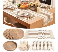 Gandeer 6 Sets Boho Placemats Round Woven Placemats, Cloth Napkins, Wood Bead Napkin Rings, Long Table Runner and Farmhouse Rustic Burlap Cotton for Kitchen Dining Table Home (Khaki C)