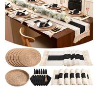 Gandeer 6 Sets Boho Placemats Round Woven Placemats, Cloth Napkins, Wood Bead Napkin Rings, Long Table Runner and Farmhouse Rustic Burlap Cotton for Kitchen Dining Table Home (Black A)