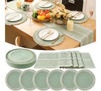 Gandeer 8 Pcs Sage Green Round Placemats Rustic Table Runner Table Setting Decor with 1 Pcs Storage Basket for Dinner Dining Kitchen Decor, 13 x 72 Inch