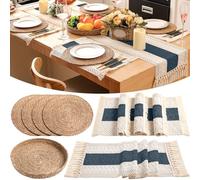 Gandeer Boho Placemats 4/6 Set of Round Woven Placemats Macrame Style Bicolor Stitching Long Table Runner Farmhouse Rustic Natural Burlap Cotton for Kitchen Dining Table Home(Blue,4 Sets)