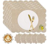 Gandeer Set of 12 Cotton Linen Placemats and Coaster, 12 x 17 Inch Heat Resistant Wavy Embroidery Scalloped Placemats, 4 Inch Coaster, Double Layered Rustic Dinner Table Decoration(Linen and White)