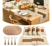 Gandeer Table Runner and Placemats Boho Napkin Rings, Farmhouse Macrame Table Runner Rustic Round Woven Decorative Place Mats for Bohemian Kitchen Dining Tables Decor(Caramel Color,Set of 4)
