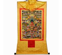 Gandhanra Tibetan Buddhist Thangka Wall Hanging,Amitabha Pure Land Thangka - Elysium of Buddhism,Hot Stamped Brocade Buddhist Tapestry for Zen Home Decor, Meditation, Spiritual Relaxation
