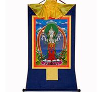 Gandhanra Tibetan Buddhist Thangka Wall Hanging,Four-Armed Chenrezig Thagnka,Avalokiteshvara,Hot Stamped Brocade Buddhist Tapestry for Zen Home Decor, Meditation, Spiritual Relaxation