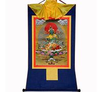 Gandhanra Tibetan Buddhist Thangka Wall Hanging,Shyama Tara,Green Tara Thangka,Hot Stamped Brocade Buddhist Tapestry for Zen Home Decor, Meditation, Spiritual Relaxation