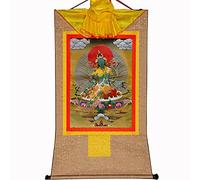 Gandhanra Tibetan Buddhist Thangka Wall Hanging,Shyama Tara,Green Tara Thangka,Hot Stamped Brocade Buddhist Tapestry for Zen Home Decor, Meditation, Spiritual Relaxation
