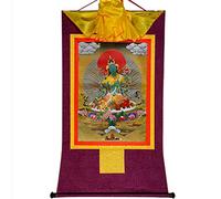 Gandhanra Tibetan Buddhist Thangka Wall Hanging,Shyama Tara,Green Tara Thangka,Hot Stamped Brocade Buddhist Tapestry for Zen Home Decor, Meditation, Spiritual Relaxation