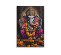 Ganesha Adorned in Vibrant Hues, Seated Amidst Marigolds And Incense, Rich Indian Temple Ambiance, Oil on Linen Wall Art Mural Modern Decoration Hanging Art Poster 24x36inch(60x90cm)