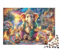 Ganesha Altar Scene 1000 Pieces Classic Jigsaw Puzzle for 8-12 Kids & Adults Elephant Candlelit Poster Thick Cardboard Home Decor Wall Art Gift for Puzzle Lovers Brain Puzzle Game 38x26cm/1000pcs