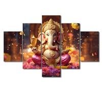 Ganesha Canvas Wall Art for Home Hindu Elephant God Wall Art Religious Culture Canvas Poster 5 Panel Wall Decor for Men Lady Living Room Wall Decor Stretched and Framed Ready to Hang 60x40 in