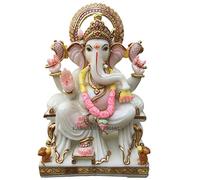 Ganesha Statue sitting on Singhasan - Large 18 inches Marble Ganapati Idol - White Ganesh Murti - Hindu Religious Prosperity Elephant God - Home First Ganesha Temple Decoration Cute Housewarming Gifts