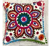 GANESHAM HANDICRAFT Indian Home Decor Floral Cotton Throw Pillow Case Throw Pillow Cover Hand Embroidered Suzani Fabric Sofa 16x16 Inch