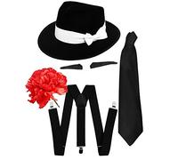 GANGSTER FANCY DRESS ACCESSORY SET SPIV TASH +BLACK TIE + BLACK BRACES + BLACK OR WHITE TRILBY HAT + RED CARNATION FLOWER 1920'S MOB GANGSTER MEN AL CAPONE (BLACK HAT WHITE BAND)