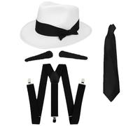 Gangster Fancy Dress Accessory Set Spiv Tash + Black Tie + Matching Braces + White Trilby Hat 1920's Mob Gangster Men Al Capone (Black Accessories - 58 Cm Hat)