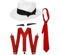 Gangster Fancy Dress Accessory Set Spiv Tash + Red Tie + Matching Braces + White Trilby Hat 1920's Mob Gangster Men Al Capone (Red Accessories - 60 Cm Hat)