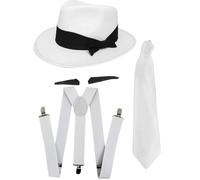 GANGSTER FANCY DRESS ACCESSORY SET SPIV TASH + WHITE TIE + MATCHING BRACES + WHITE TRILBY HAT 1920'S MOB GANGSTER MEN AL CAPONE (WHITE ACCESSORIES - 60 CM HAT)