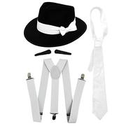 GANGSTER FANCY DRESS ACCESSORY SET WHITE TIE + WHITE BRACES + 3X SPIV MOUSTACHES + BLACK TRILBY HAT 1920'S MOB GANGSTER MEN AL CAPONE