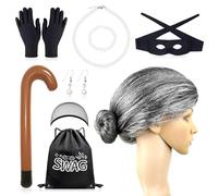 Gangster Granny Fancy Dress Kit Robber Costume Include Grey Old Lady Wig Inflatable Cane Eyemask Necklace Pearl Jewelry Swag Bags Burglar Grandma Fancy Dress for Adult Kids Halloween World Book Day