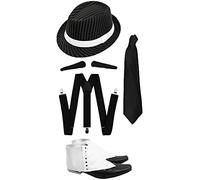 GANGSTER SET FANCY DRESS ACCESSORY COSTUME DELUXE KIT - BLACK BRACES, TIE, SPIV TASH, SPATS, PINSTRIPE TRILBY FEDORA HAT