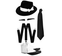 GANGSTER SET FANCY DRESS ACCESSORY COSTUME KIT BLACK BRACES + BLACK TIE + SPIV TASH + SPATS + BLACK HAT