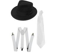 GANGSTER SET FANCY DRESS ACCESSORY COSTUME KIT BLACK OR WHITE TRILBY HAT + WHITE BRACES + WHITE TIE MOB GANGSTER MEN AL CAPONE (BLACK HAT)