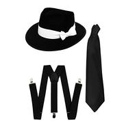 GANGSTER SET FANCY DRESS ACCESSORY COSTUME KIT BLACK OR WHITE TRILBY HAT WITH BOW DETAIL+ BLACK BRACES + BLACK TIE MOB GANGSTER MEN AL CAPONE (BLACK HAT)