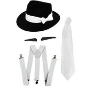 GANGSTER SET FANCY DRESS COSTUME ACCESSORY SPIV TASH + WHITE TIE + WHITE BRACES + BLACK WHITE TRILBY HAT 1920'S MOB GANGSTER MEN AL CAPONE (BLACK HAT WITH WHITE BAND)