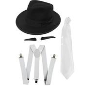GANGSTER SET FANCY DRESS COSTUME ACCESSORY SPIV TASH + WHITE TIE + WHITE BRACES + BLACK WHITE TRILBY HAT 1920'S MOB GANGSTER MEN AL CAPONE (BLACK HAT)
