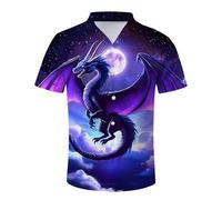 GANMP Mens Funny Hawaiian Shirts Summer 3D Graphic Button Down Short Sleeve Tropical Holiday Beach Aloha Shirt, Purple Flying Dragon, Large