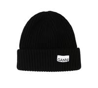 GANNI logo-patch ribbed-knit beanie - Black One Size