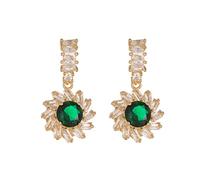 Ganquya 14K Gold Plated Round Cut Emerald & Baguette Cubic Zirconia Sunflower Earring for Women, Flower Huggie Dangle Drop Hoop Earrings
