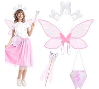 GANSHAYA 4 Pcs Tooth Halloween Fairy Costume Set Butterfly Wings Sparkling Bag Magic Wand Tooth Headband for Adult Women Halloween Party Cosplay Dress Up Outfit (Pink)