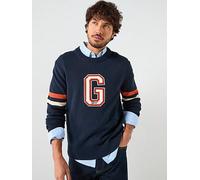 GANT G Badge Knitted Crew Knitted Jumper, Navy, Size L, Men Navy