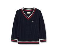 GANT Unisex Kinder Striped Cable Knit V-Neck Pullover Sweater, Evening Blue,