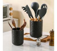 Ganwu Kitchen Utensil Holder Set of 2, Ceramic Rock Texture Kitchenware Storage Container, Countertop Organizer for Cutlery, Cooking Spoons, Utensil Holder for Kitchen Counter Storage, Black