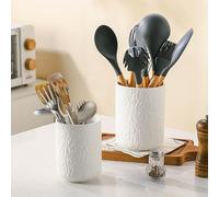 Ganwu Kitchen Utensil Holder Set of 2, Ceramic Rock Texture Kitchenware Storage Container, Countertop Organizer for Cutlery, Cooking Spoons, Utensil Holder for Kitchen Counter Storage, White