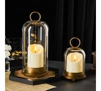 Ganwu Metal Candle Holder with Handmade Glass Dome in Brass & 2 Timer Candles, Set of 2 Versatile Hurricane Glass Candle Holders for Pillar Candles & Plants (Vintage Brass)