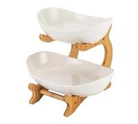 GANYUNG 2 Tier Ceramic Fruit Bowl, Bamboo Fruit Serving Tray, Fruit Basket Stand for Kitchen Counter, Serving Plate for Bread Vegetable Snacks Candy Storage (White)